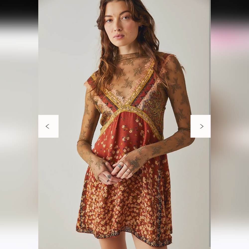 Free People East Willow Trapeze Slip Boho Mini Dress Bohemian Paisley Womens M - Picture 1 of 13